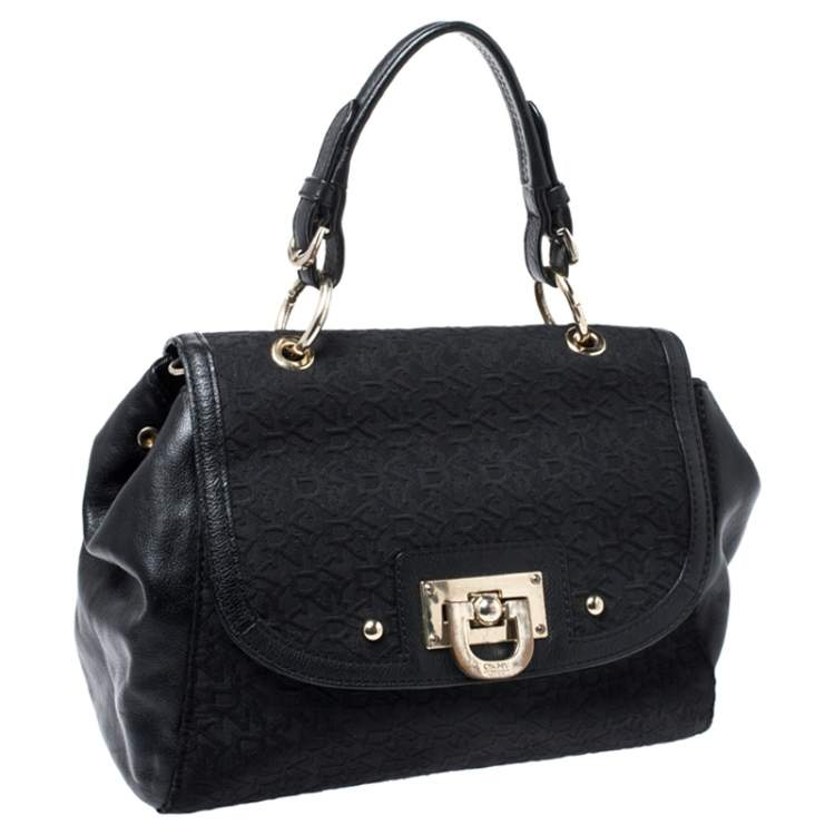 Pre Owned DKNY Black Signature Canvas and Leather Flap Lock Top Handle Bag