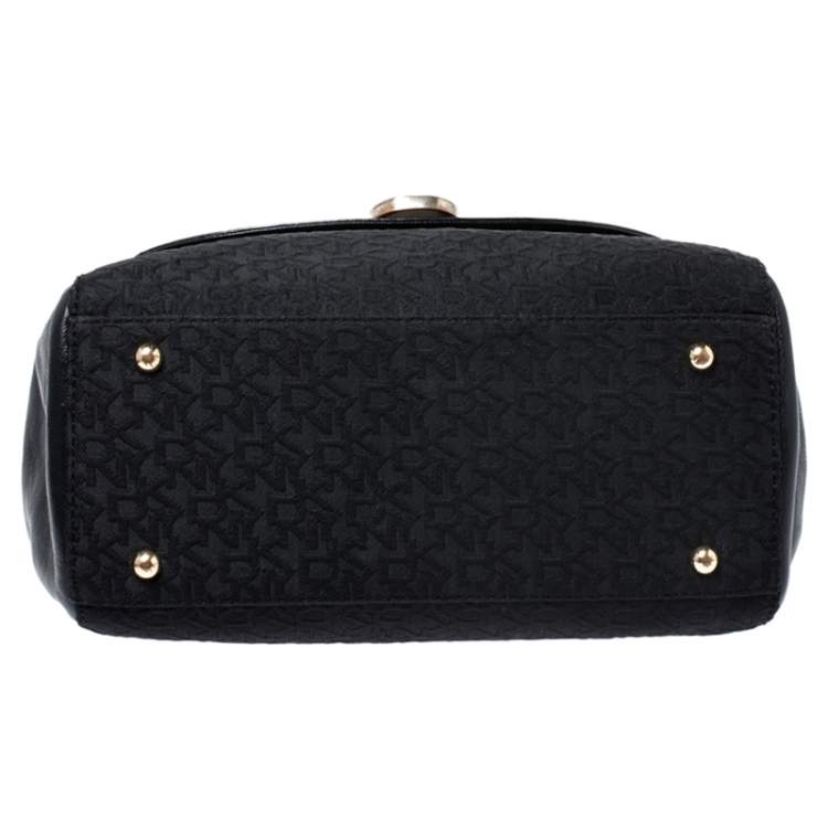 Pre Owned DKNY Black Signature Canvas and Leather Flap Lock Top Handle Bag