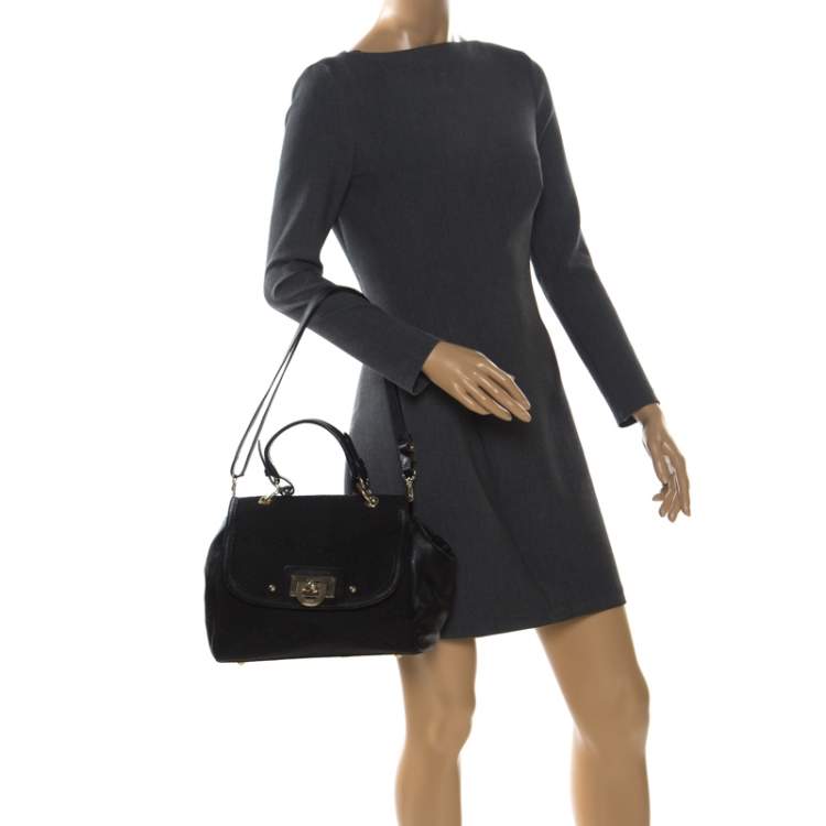 Pre Owned DKNY Black Signature Canvas and Leather Flap Lock Top Handle Bag