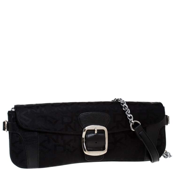 Pre Owned Dkny Black Monogram Canvas Flap Chain Shoulder Bag