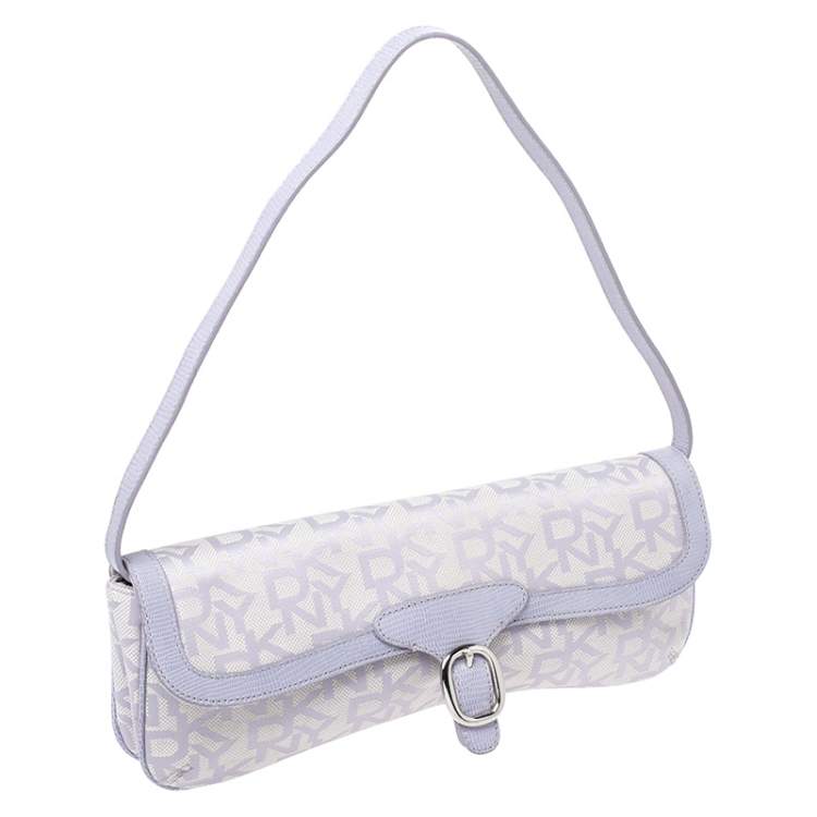 Pre Owned Dkny Lilac Signature Fabric and Leather Buckle Flap Shoulder Bag