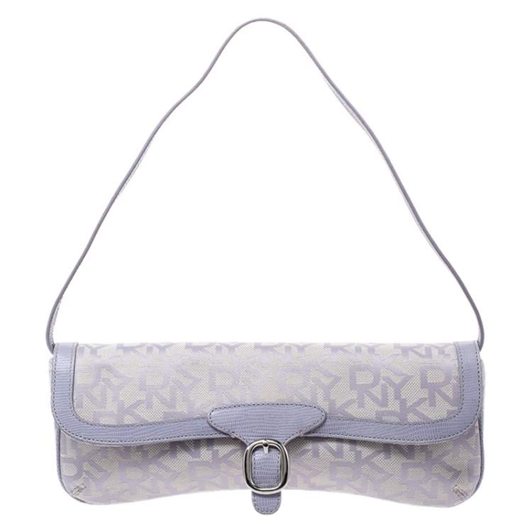 Pre Owned Dkny Lilac Signature Fabric and Leather Buckle Flap Shoulder Bag