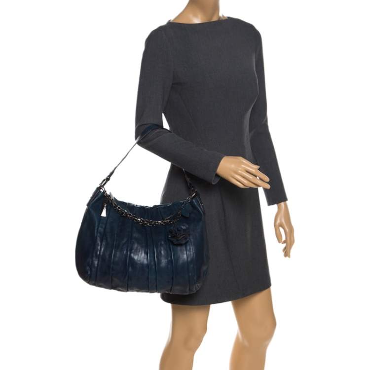 Pre Owned Dkny Navy Blue Pleated Leather Floral Chain Detail Hobo