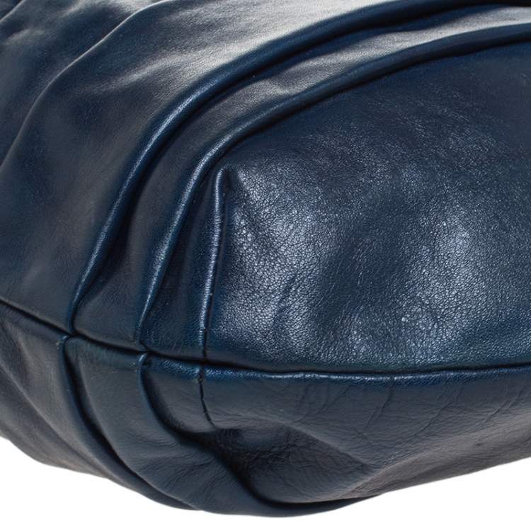 Pre Owned Dkny Navy Blue Pleated Leather Floral Chain Detail Hobo