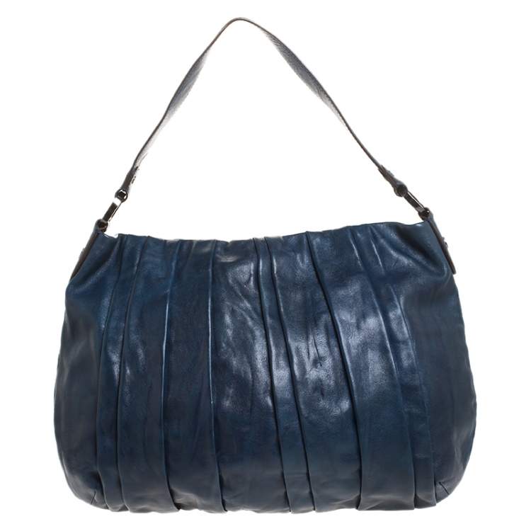 Pre Owned Dkny Navy Blue Pleated Leather Floral Chain Detail Hobo