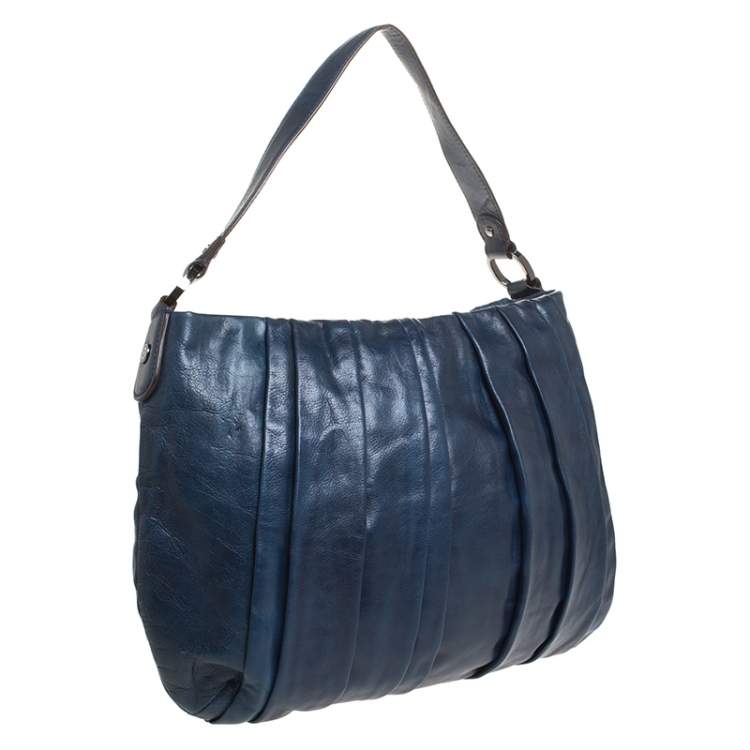 Pre Owned Dkny Navy Blue Pleated Leather Floral Chain Detail Hobo