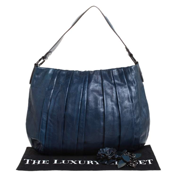 Pre Owned Dkny Navy Blue Pleated Leather Floral Chain Detail Hobo