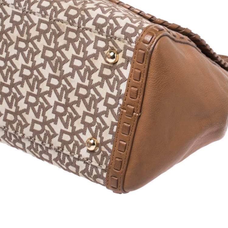 Pre Owned DKNY Beige/Tan Canvas and Leather Top Handle Bag