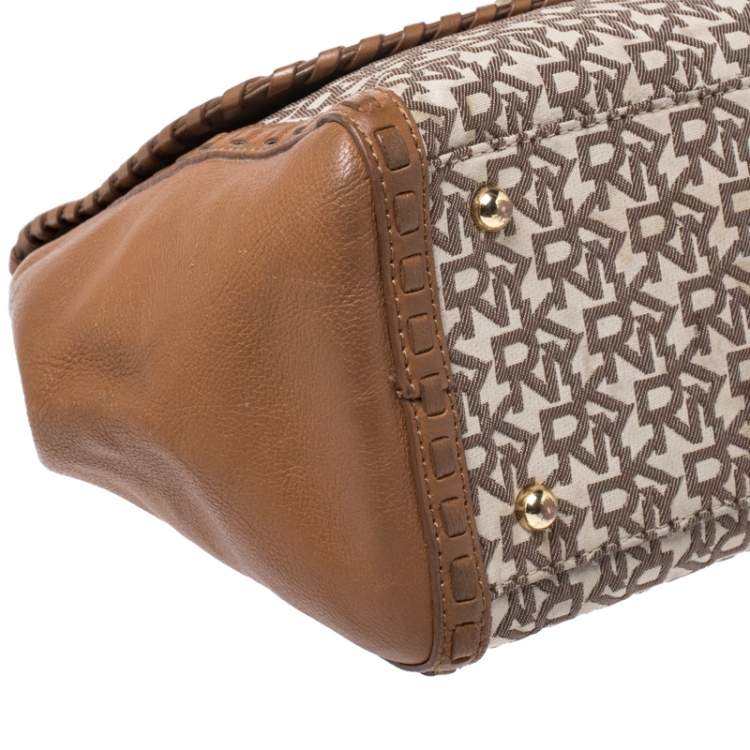 Pre Owned DKNY Beige/Tan Canvas and Leather Top Handle Bag