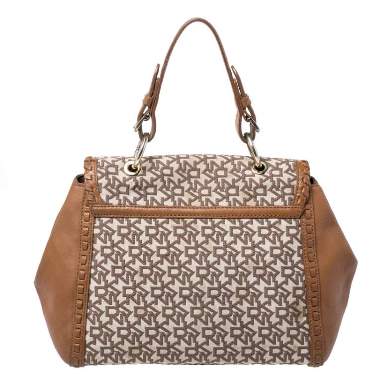 Pre Owned DKNY Beige/Tan Canvas and Leather Top Handle Bag