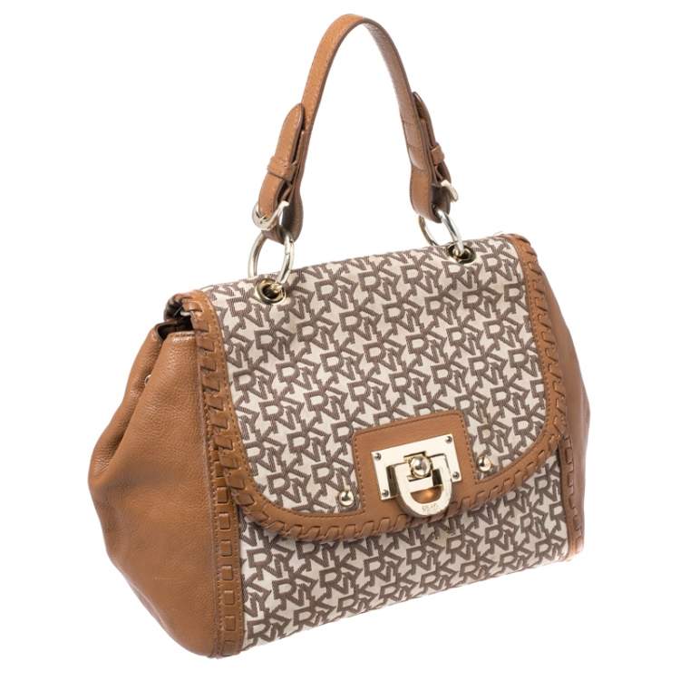 Pre Owned DKNY Beige/Tan Canvas and Leather Top Handle Bag