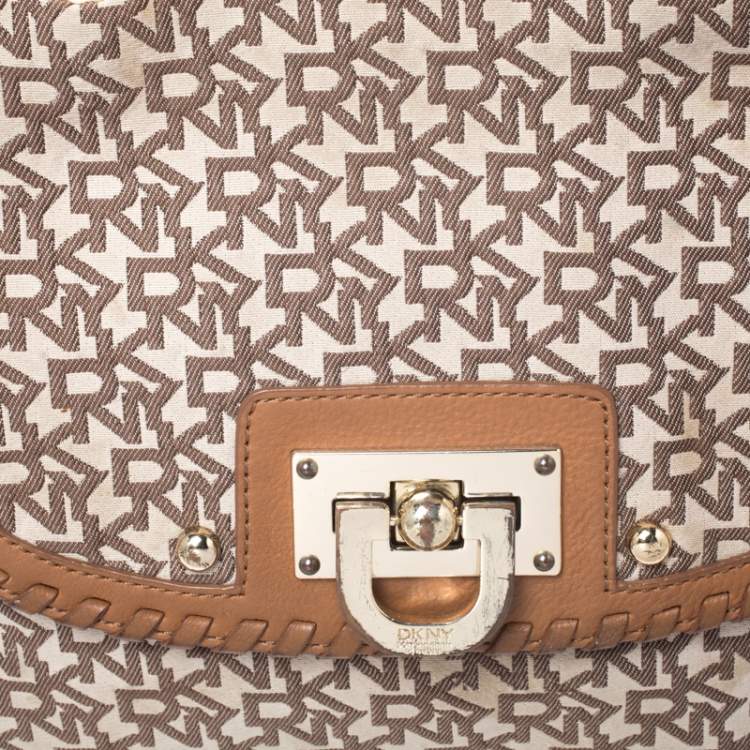 Pre Owned DKNY Beige/Tan Canvas and Leather Top Handle Bag