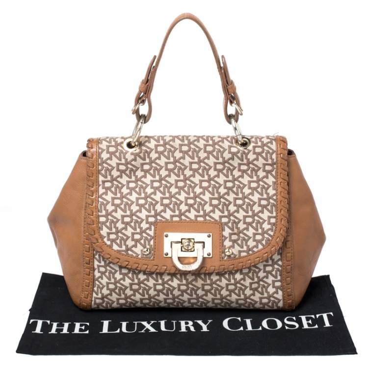 Pre Owned DKNY Beige/Tan Canvas and Leather Top Handle Bag
