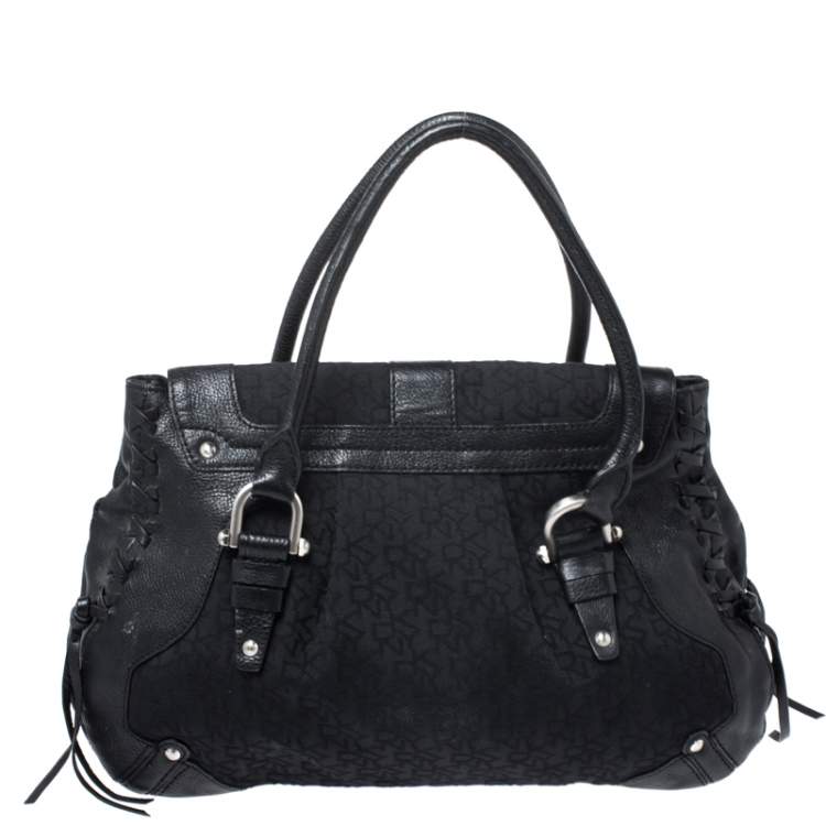 Pre Owned DKNY Black Signature Canvas and Leather Shoulder Bag 