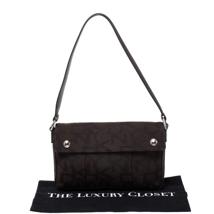 Pre Owned DKNY Dark Brown Signature Canvas and Leather Shoulder Bag