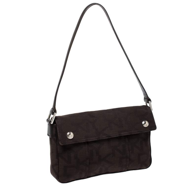 Pre Owned DKNY Dark Brown Signature Canvas and Leather Shoulder Bag