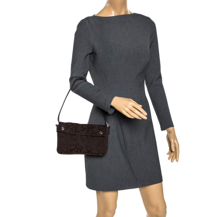 Pre Owned DKNY Dark Brown Signature Canvas and Leather Shoulder Bag