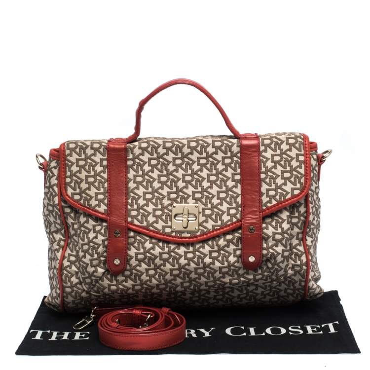 Pre Owned DKNY Red/Brown Monogram Canvas Satchel