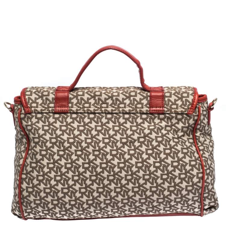 Pre Owned DKNY Red/Brown Monogram Canvas Satchel