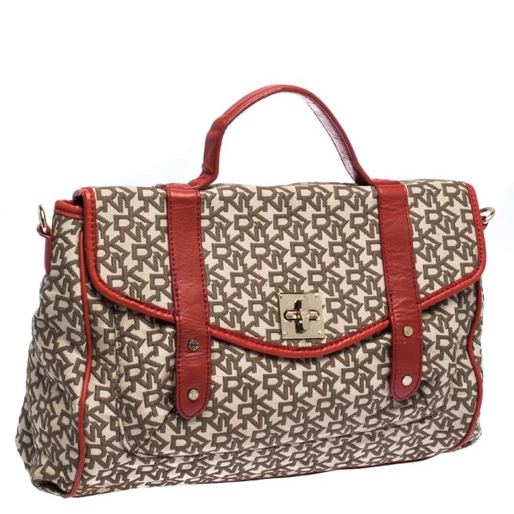 Pre Owned DKNY Red/Brown Monogram Canvas Satchel