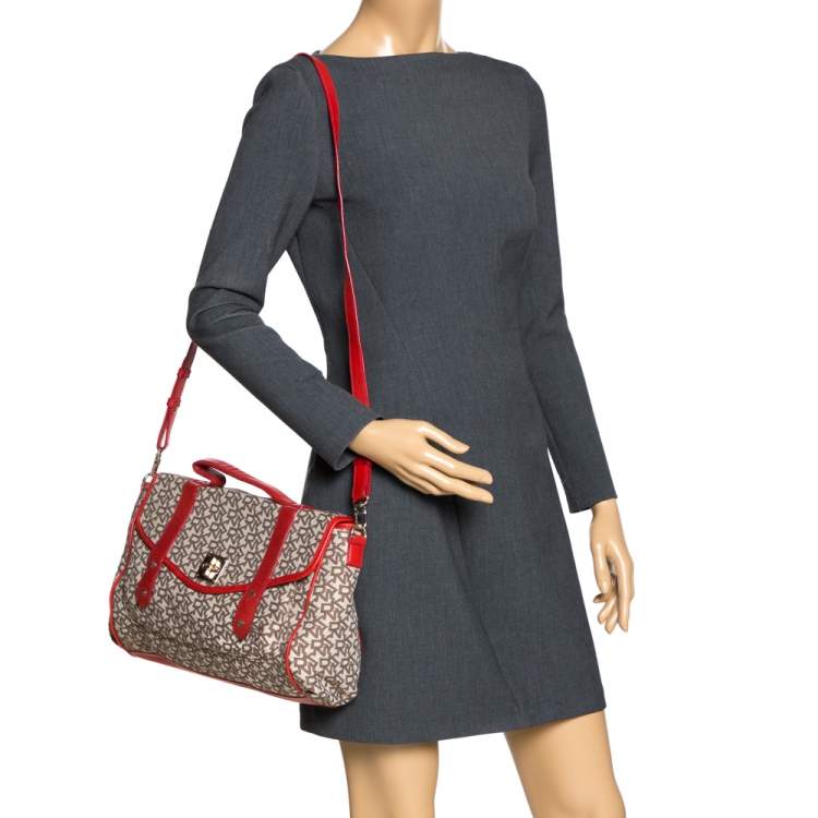 Pre Owned DKNY Red/Brown Monogram Canvas Satchel