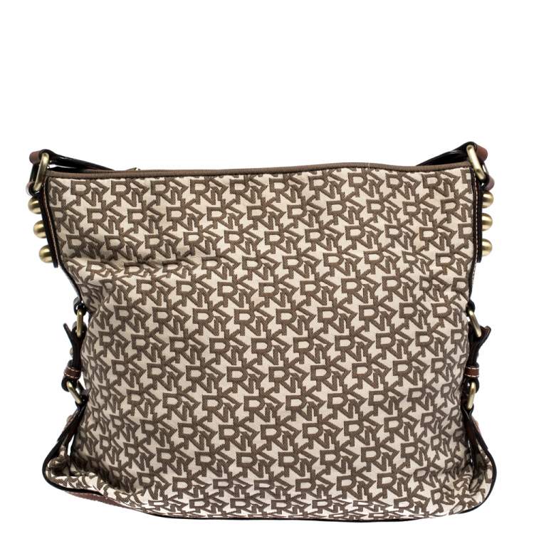 Pre Owned DKNY Beige/Tan Monogram Canvas and Leather Shoulder Bag
