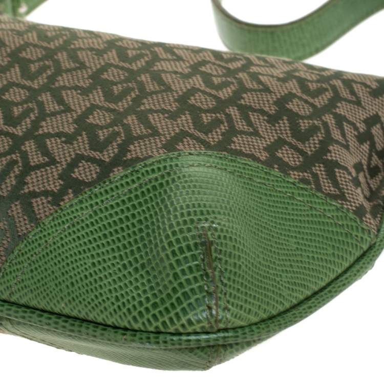 Pre Owned Dkny Green Monogram Canvas and Lizard Embossed Leather Small Shoulder Bag