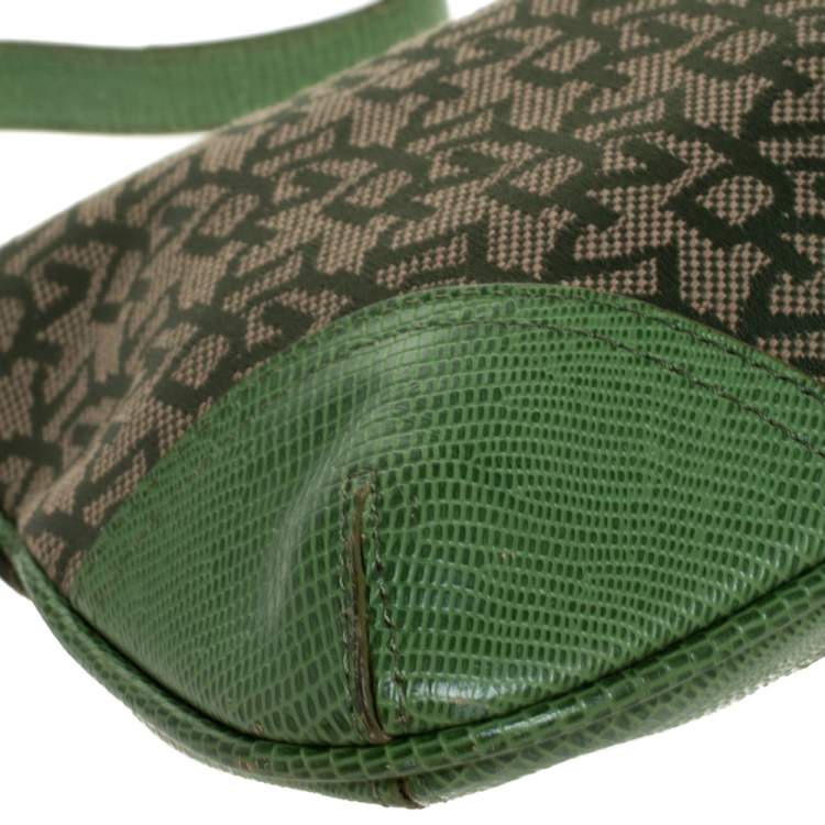 Pre Owned Dkny Green Monogram Canvas and Lizard Embossed Leather Small Shoulder Bag