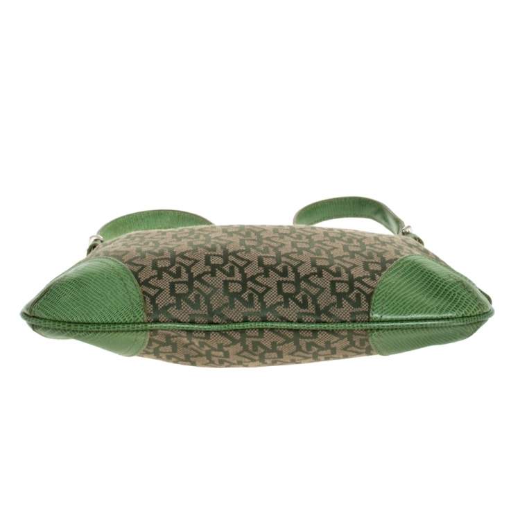 Pre Owned Dkny Green Monogram Canvas and Lizard Embossed Leather Small Shoulder Bag