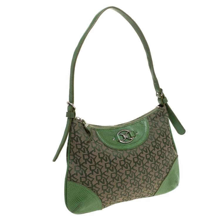 Pre Owned Dkny Green Monogram Canvas and Lizard Embossed Leather Small Shoulder Bag