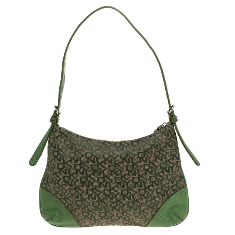 Pre Owned Dkny Green Monogram Canvas and Lizard Embossed Leather Small Shoulder Bag