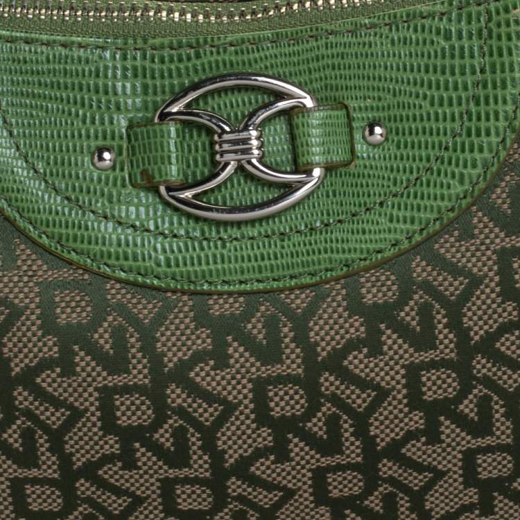 Pre Owned Dkny Green Monogram Canvas and Lizard Embossed Leather Small Shoulder Bag