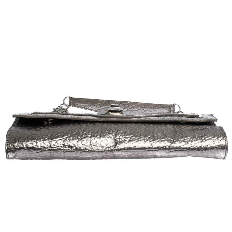 Pre Owned Dkny Metallic Grey Leather Flap Chain Clutch