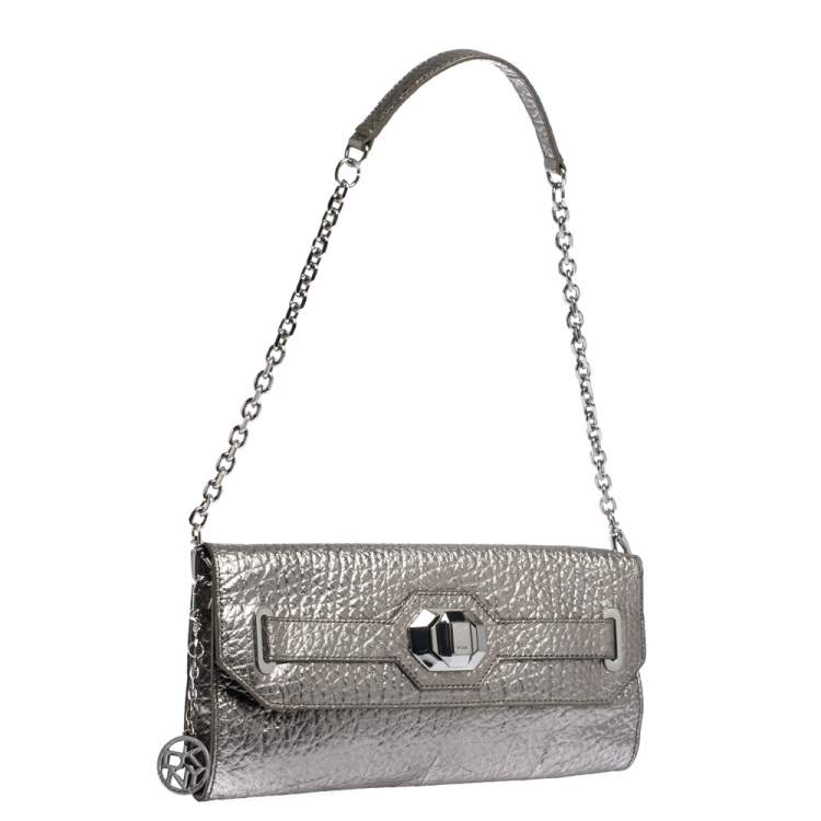 Pre Owned Dkny Metallic Grey Leather Flap Chain Clutch