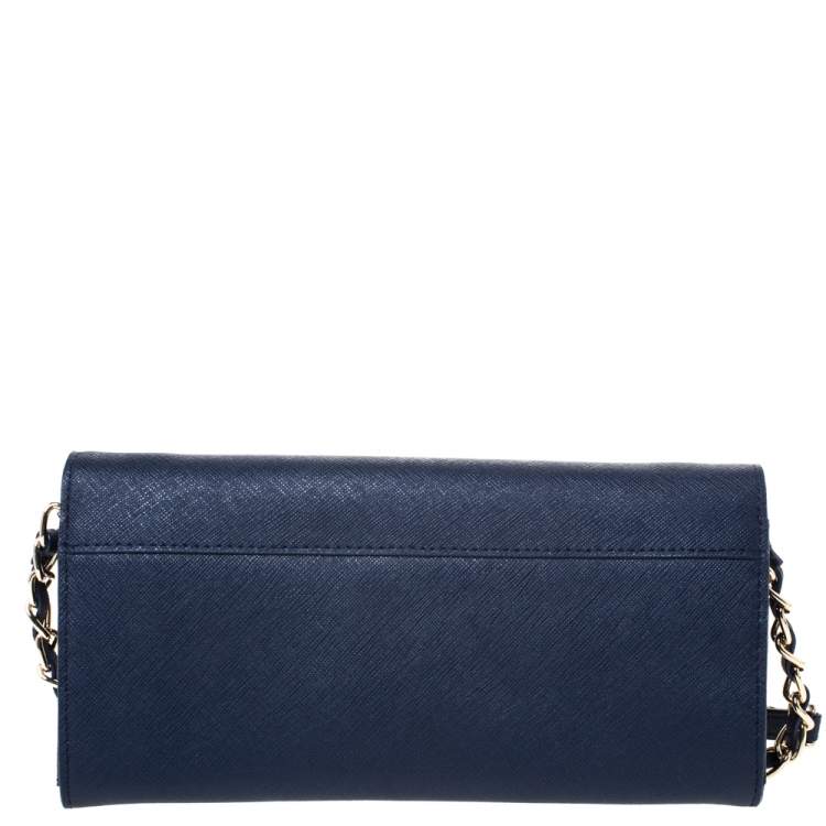 Pre Owned Dkny Navy Blue Leather Flap Wallet On Chain