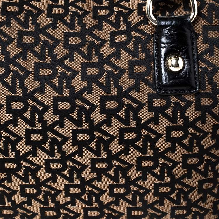 Pre Owned Dkny Brown/Black Canvas and Croc Embossed Leather Boston Bag 