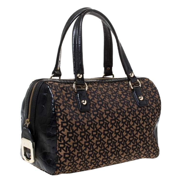 Pre Owned Dkny Brown/Black Canvas and Croc Embossed Leather Boston Bag 
