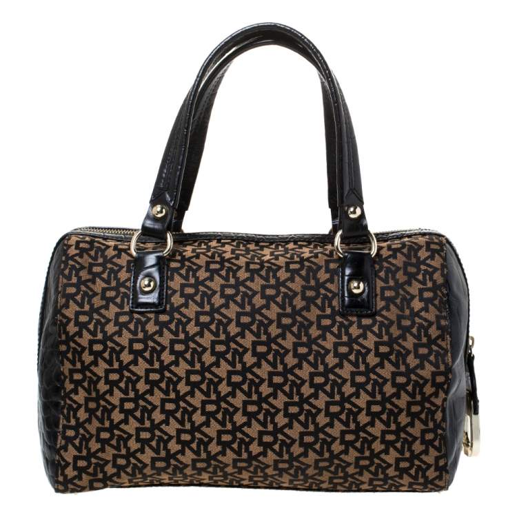 Pre Owned Dkny Brown/Black Canvas and Croc Embossed Leather Boston Bag 