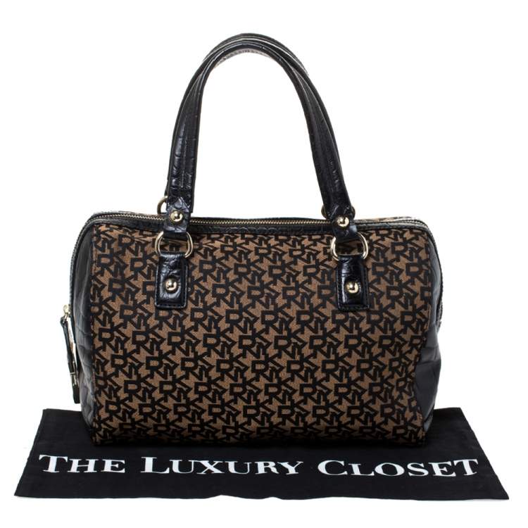 Pre Owned Dkny Brown/Black Canvas and Croc Embossed Leather Boston Bag 