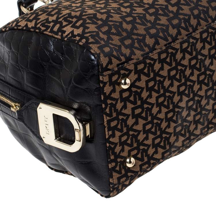 Pre Owned Dkny Brown/Black Canvas and Croc Embossed Leather Boston Bag 