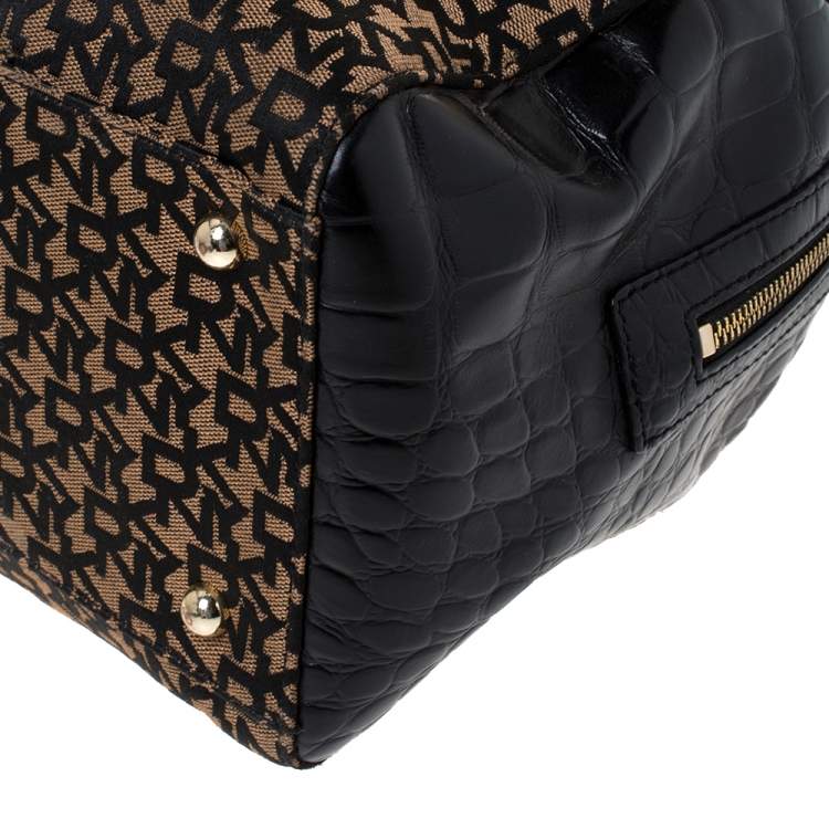 Pre Owned Dkny Brown/Black Canvas and Croc Embossed Leather Boston Bag 