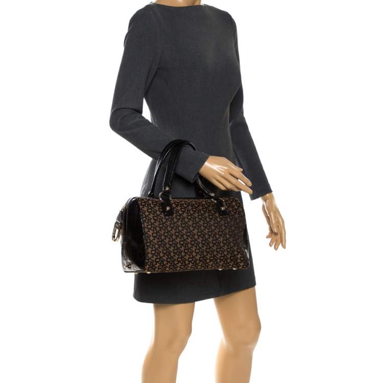 Pre Owned Dkny Brown/Black Canvas and Croc Embossed Leather Boston Bag 