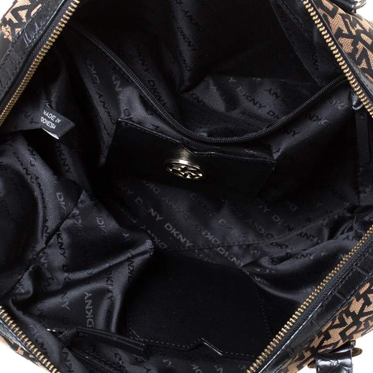 Pre Owned Dkny Brown/Black Canvas and Croc Embossed Leather Boston Bag 