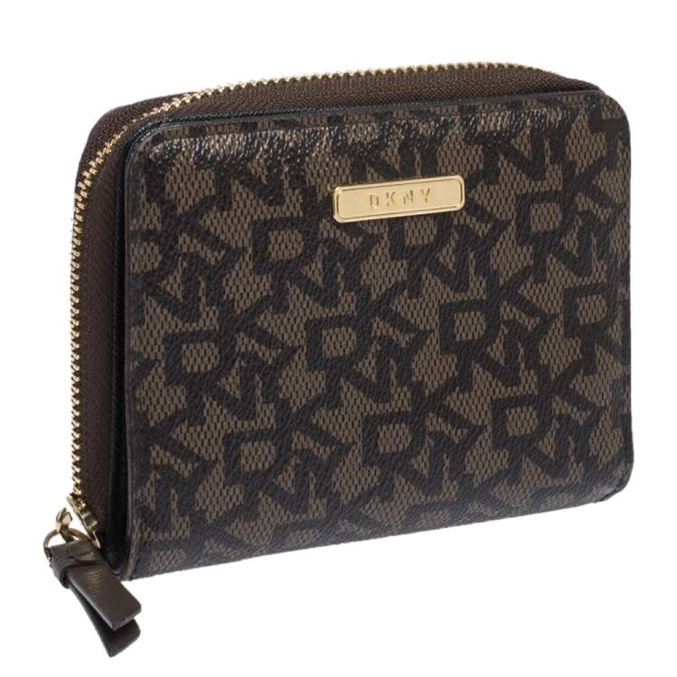 Pre Owned Dkny Brown Monogram Coated Canvas Zip Around Compact Wallet