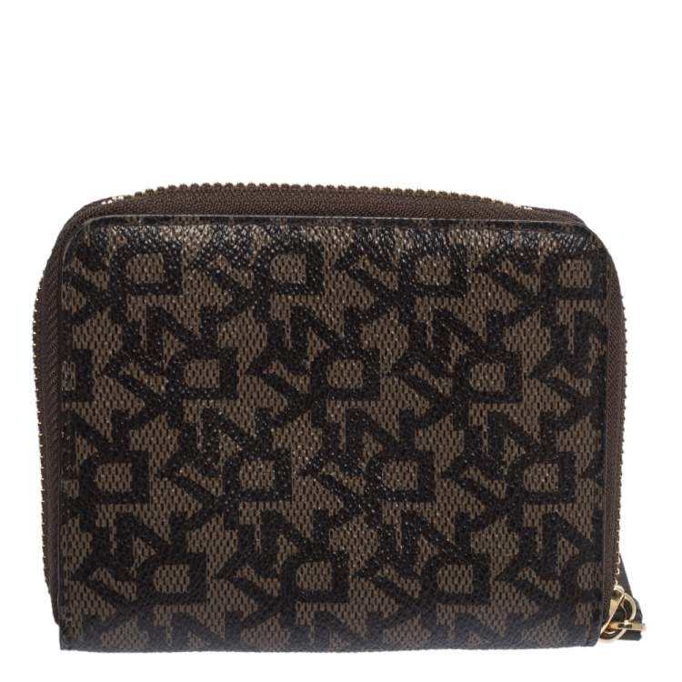 Pre Owned Dkny Brown Monogram Coated Canvas Zip Around Compact Wallet