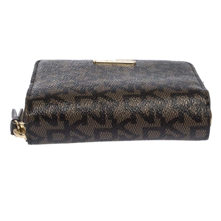 Pre Owned Dkny Brown Monogram Coated Canvas Zip Around Compact Wallet