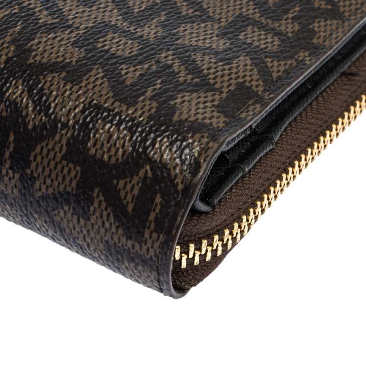 Pre Owned Dkny Brown Monogram Coated Canvas Zip Around Compact Wallet