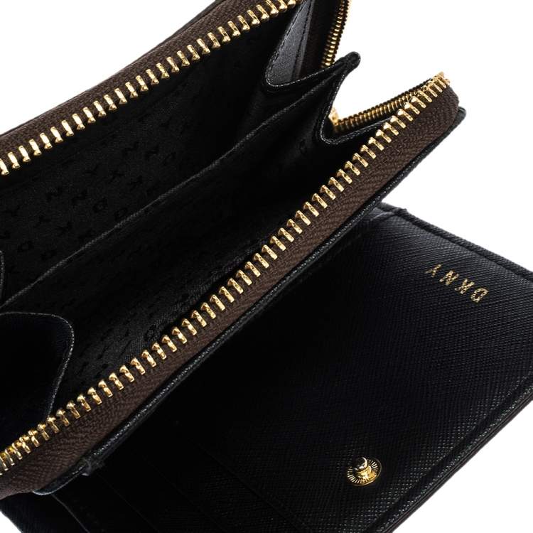 Pre Owned Dkny Brown Monogram Coated Canvas Zip Around Compact Wallet