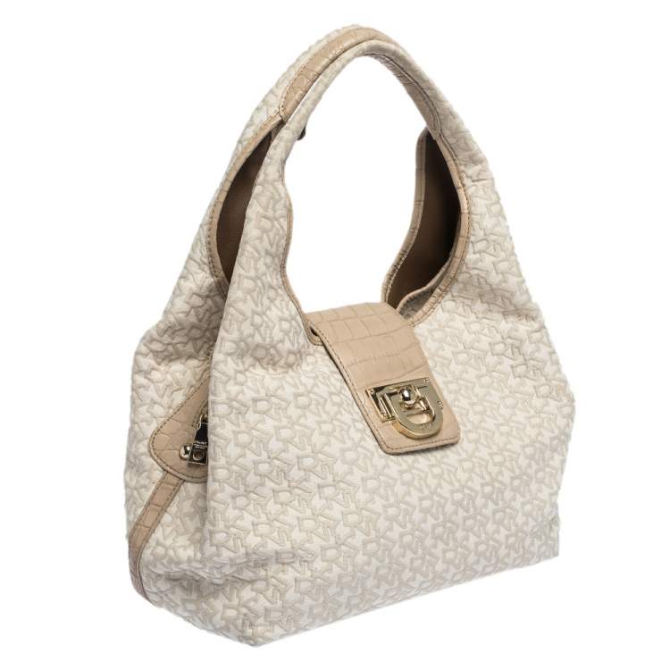 Pre Owned Dkny Beige/Off White Signature Fabric and Croc Embossed Leather Flap Hobo