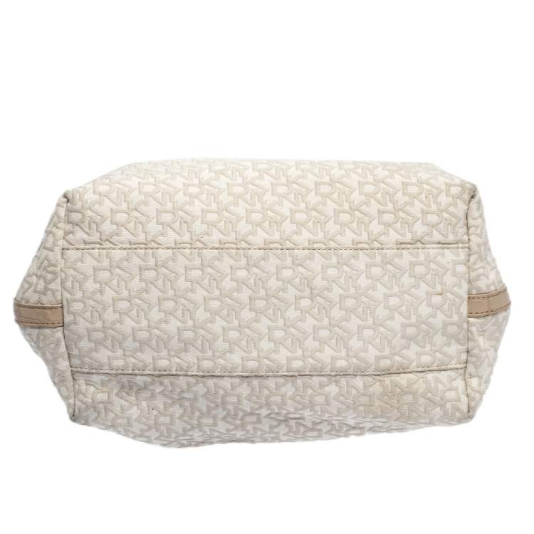 Pre Owned Dkny Beige/Off White Signature Fabric and Croc Embossed Leather Flap Hobo